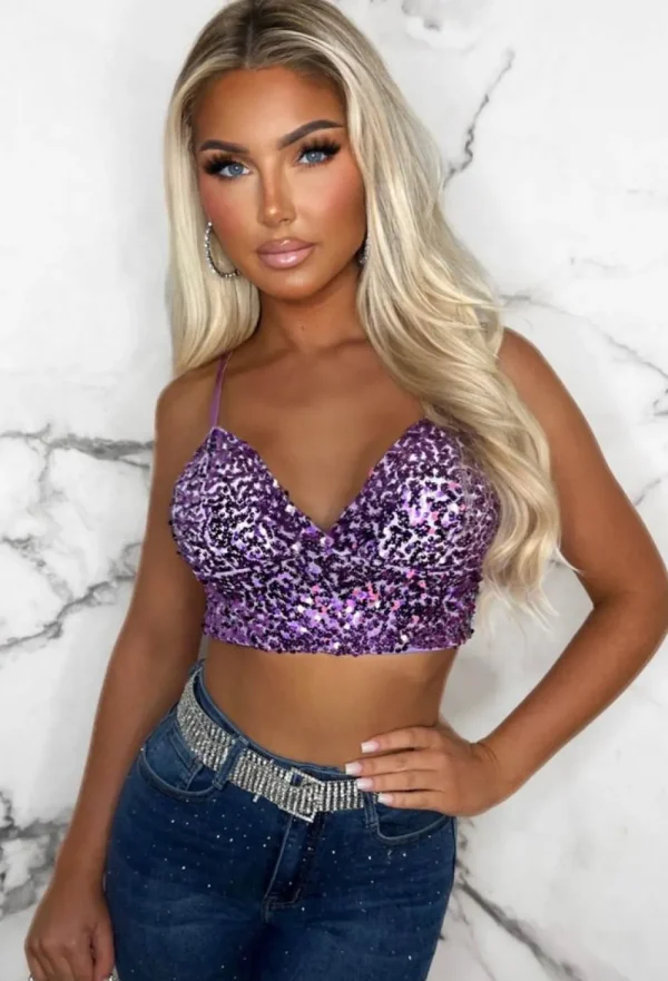 J5 FASHION Sugar Coated Lilac Sequin Crop Top<Women Crop Tops & Bralets