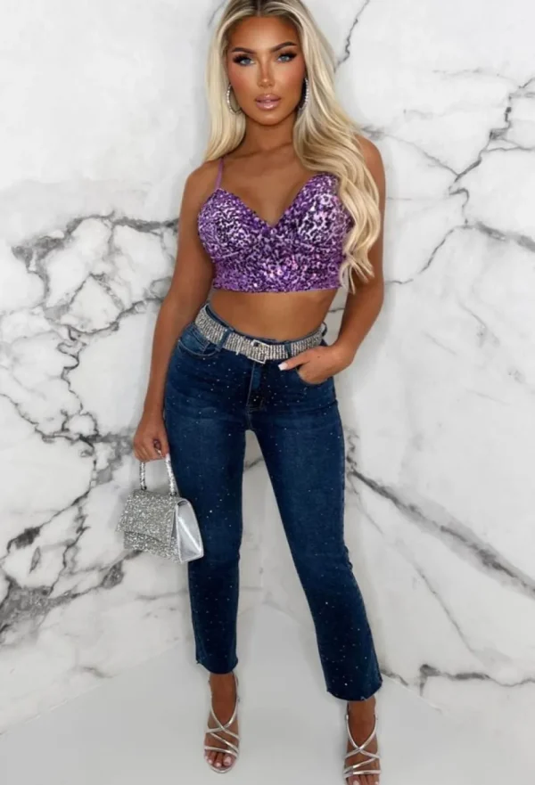 J5 FASHION Sugar Coated Lilac Sequin Crop Top<Women Crop Tops & Bralets