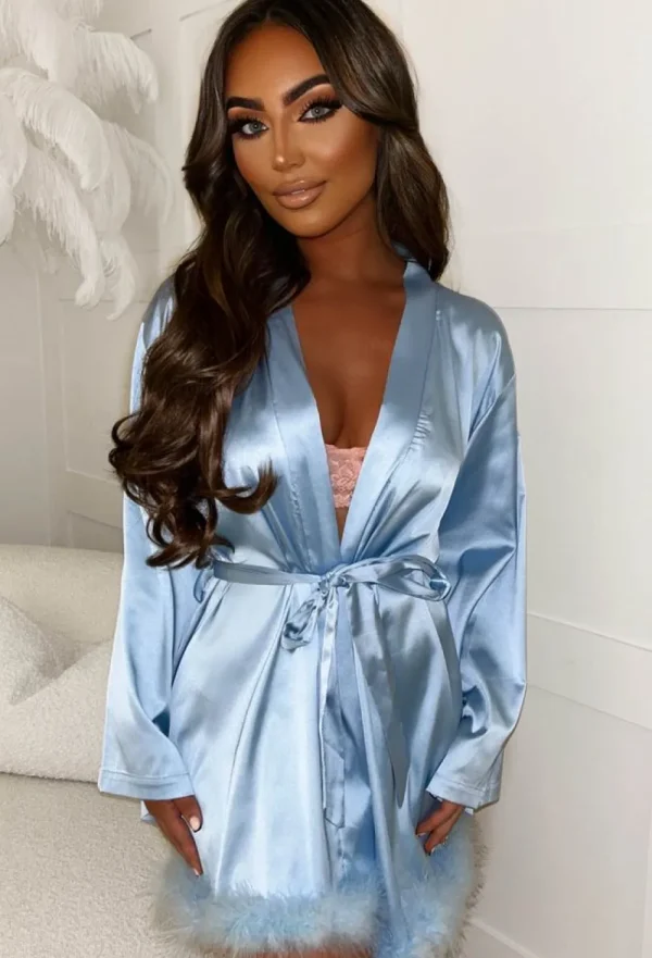 Z2 Sultry Desire Baby Blue Satin Flare Sleeve Removable Feather Trim Robe<Women Nightwear