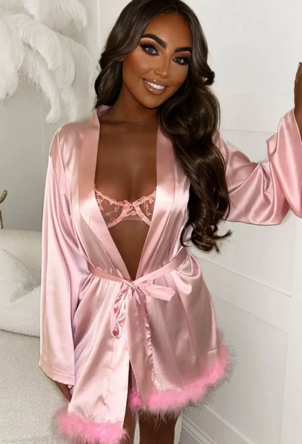 Z2 Sultry Desire Pink Satin Flare Sleeve Removable Feather Trim Robe<Women Nightwear