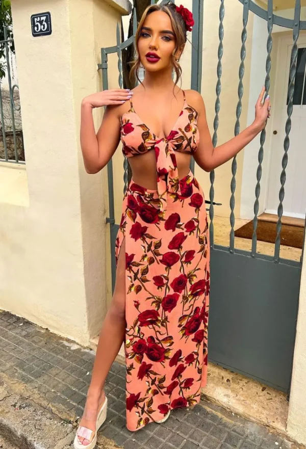 LOCCO Sunkissed Sweetie Pink Floral Maxi Skirt And Crop Top<Women Suits & Sets