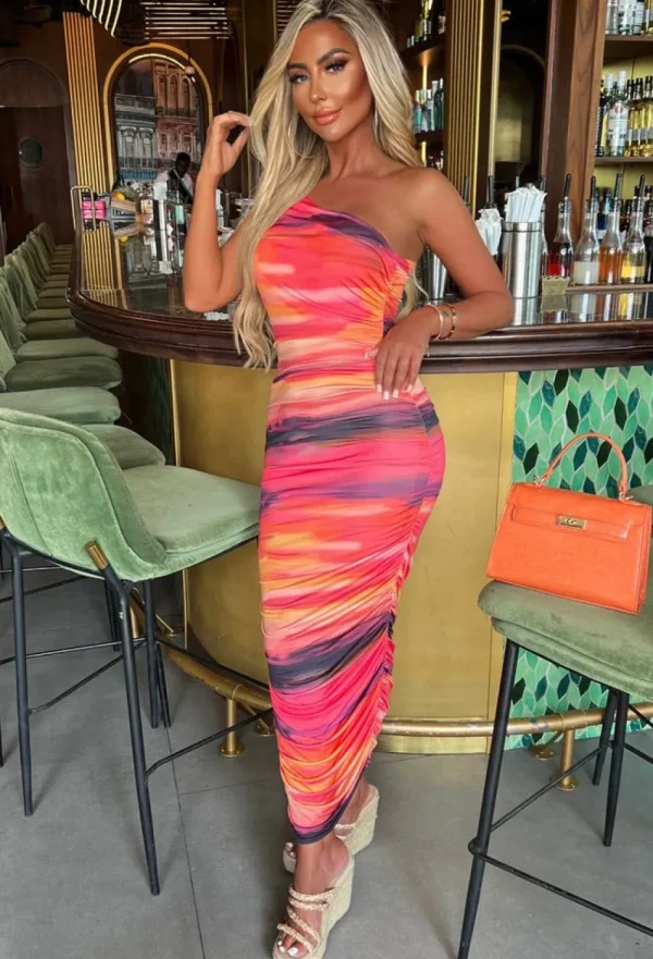 SOFT TOUCH Sunset Moment Orange Ultra Slinky One Shoulder Midi Dress<Women Summer Dresses