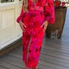 FP u0026 CO Sunset Paradise Hot Pink Printed Button Front Long Sleeve Midi Dress<Women Summer Dresses