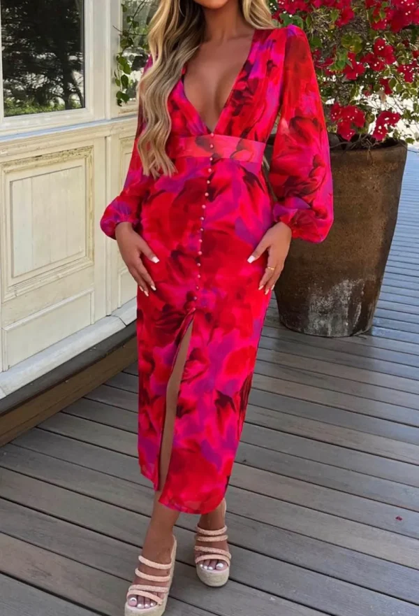 FP u0026 CO Sunset Paradise Hot Pink Printed Button Front Long Sleeve Midi Dress<Women Summer Dresses