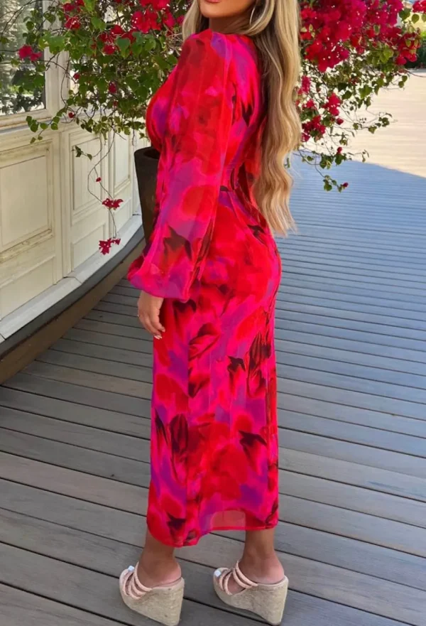 FP u0026 CO Sunset Paradise Hot Pink Printed Button Front Long Sleeve Midi Dress<Women Summer Dresses