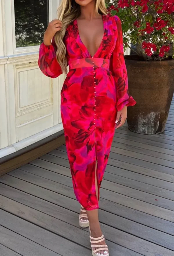 FP u0026 CO Sunset Paradise Hot Pink Printed Button Front Long Sleeve Midi Dress<Women Summer Dresses