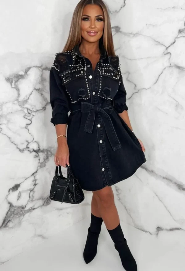 FABS FASHION Suspicious Minds Black Distressed Studded Denim Shirt Belted Mini Dress<Women Dresses