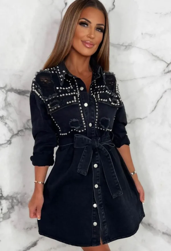 FABS FASHION Suspicious Minds Black Distressed Studded Denim Shirt Belted Mini Dress<Women Dresses