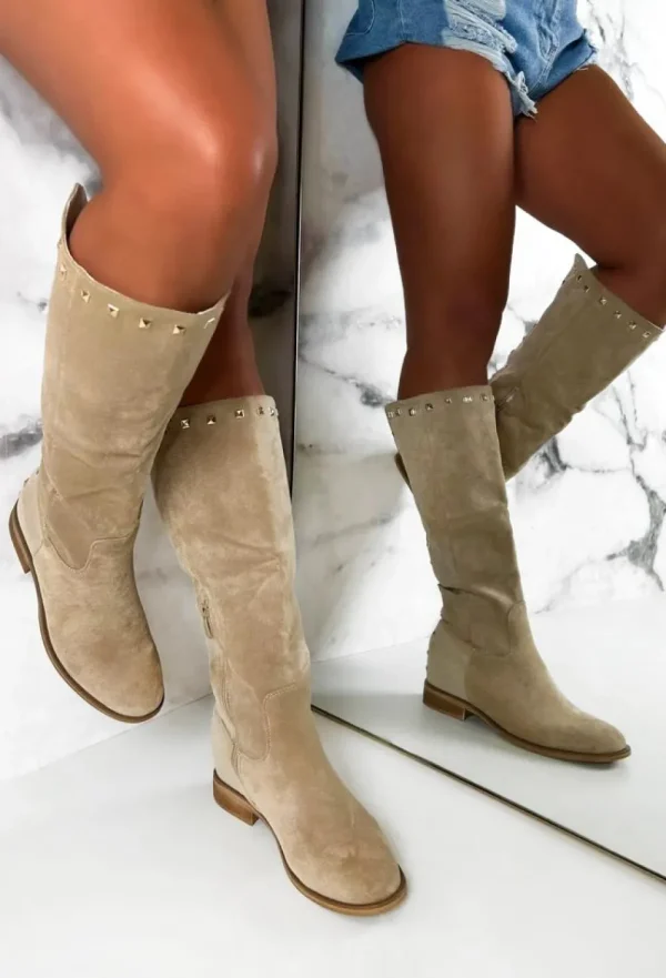 TOP STAKA Sweet Glamour Cream Gold Stud Faux Suede Knee High Boots<Women Boots