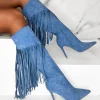 EWANYE Sweet Moments Blue Suede Tassel Knee High Boots<Women Boots