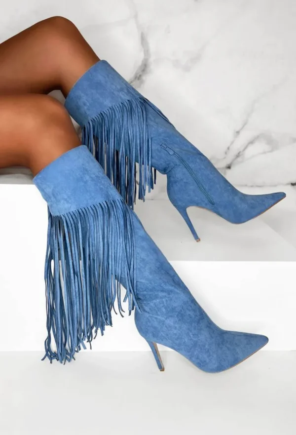 EWANYE Sweet Moments Blue Suede Tassel Knee High Boots<Women Boots