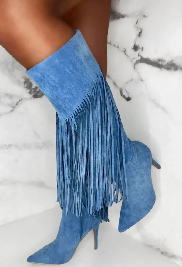 EWANYE Sweet Moments Blue Suede Tassel Knee High Boots<Women Boots