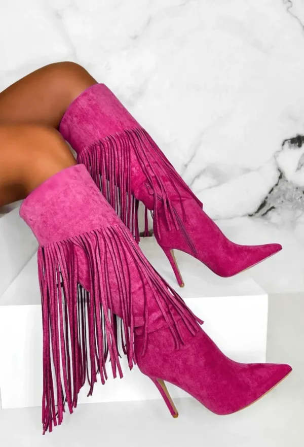 STEPHAN Sweet Moments Hot Pink Suede Tassel Knee High Boots<Women Boots