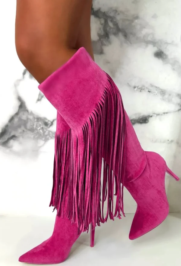 STEPHAN Sweet Moments Hot Pink Suede Tassel Knee High Boots<Women Boots