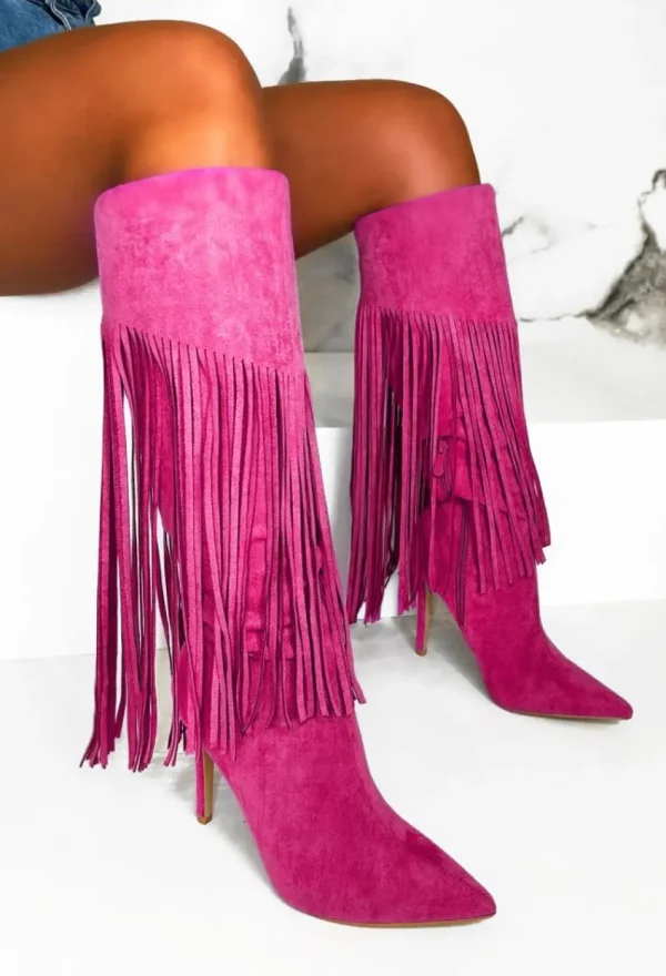 STEPHAN Sweet Moments Hot Pink Suede Tassel Knee High Boots<Women Boots