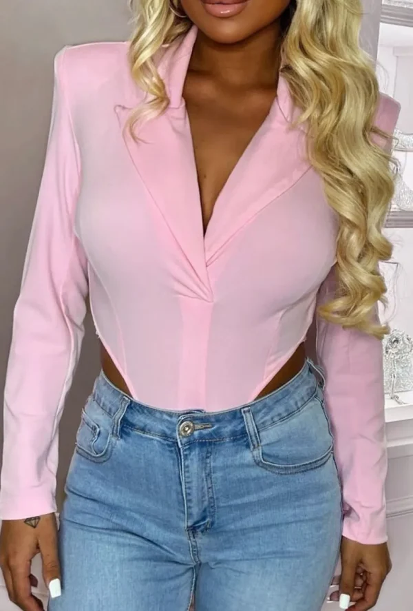 MW STUDIO Sweetest Scent Pink Shoulder Pad Backless Blazer Bodysuit<Women Tops