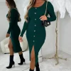 MOOCCI Take My Heart Green Gold Heart Button Long Sleeve Knitted Midi Dress<Women Knitwear