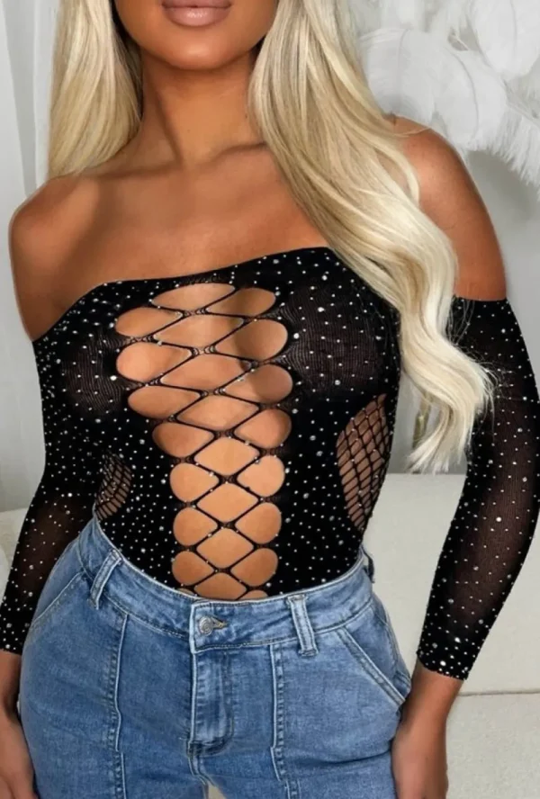 MW STUDIO Taste Of Paradise Black Cut Out Mesh Hotfix Bodysuit<Women Tops