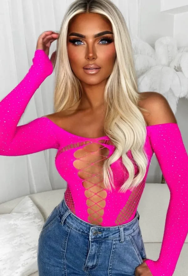 MW STUDIO Taste Of Paradise Pink Cut Out Mesh Hotfix Bodysuit<Women Tops