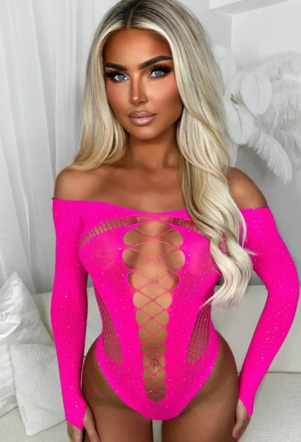 MW STUDIO Taste Of Paradise Pink Cut Out Mesh Hotfix Bodysuit<Women Tops