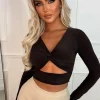 STYLEWISE That Feeling Brown Stretch Cut Out Long Sleeve Crop Top<Women Tops