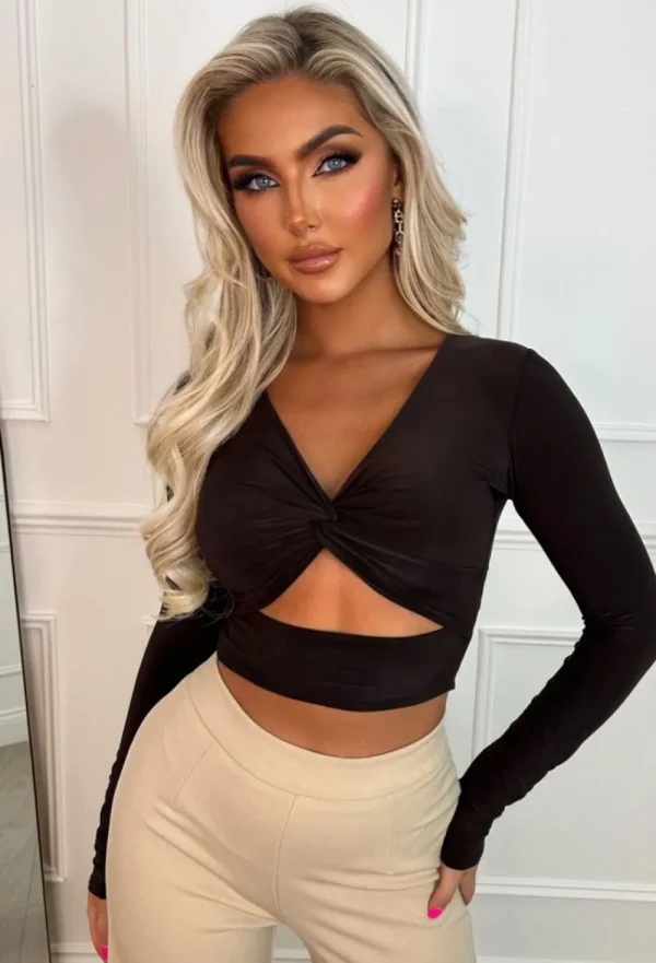 STYLEWISE That Feeling Brown Stretch Cut Out Long Sleeve Crop Top<Women Tops