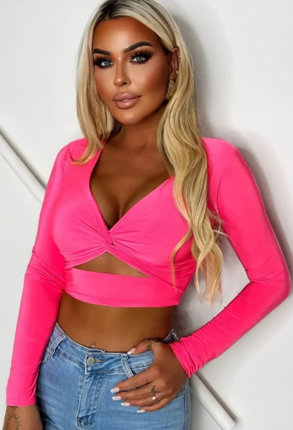 STYLEWISE That Feeling Hot Pink Stetch Cut Out Crop Top<Women Tops