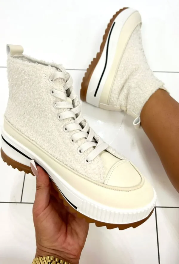 STEPHAN That Girl Cream Fleece High Top Trainer<Women Flats