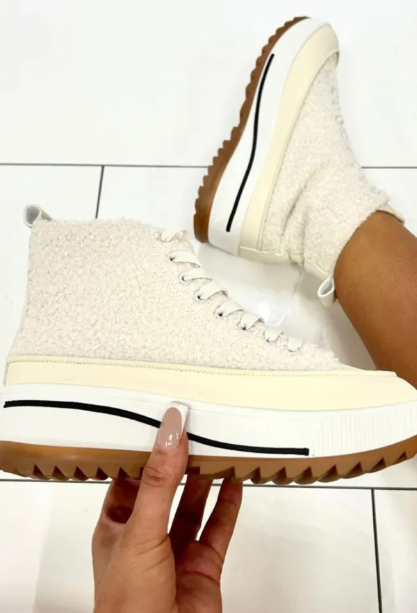 STEPHAN That Girl Cream Fleece High Top Trainer<Women Flats