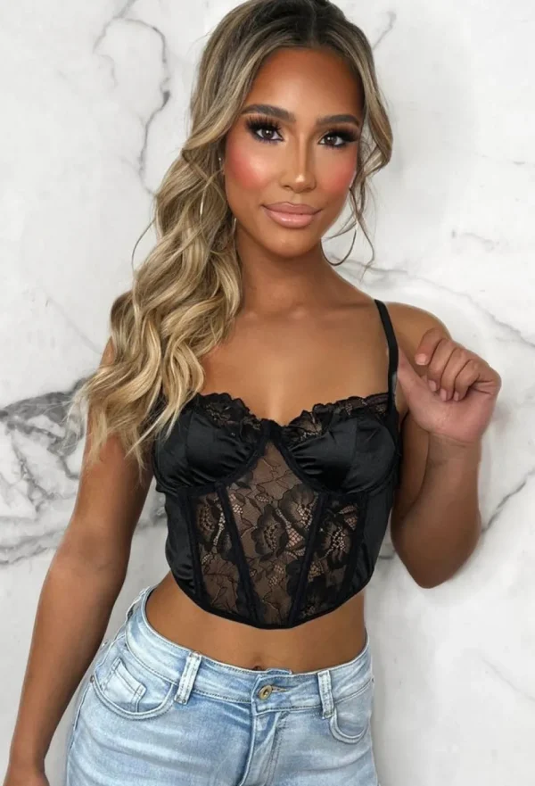 CHERRY KOKO The Main Star Black Lace Panelled Corset Crop Top<Women Tops