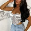 CHERRY KOKO The Main Star Silver Lace Panelled Corset Crop Top<Women Tops