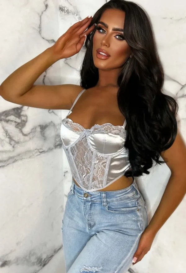 CHERRY KOKO The Main Star Silver Lace Panelled Corset Crop Top<Women Tops