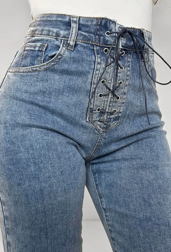 LA BELLE Tied Together Mid Blue Lace Up Stretch Straight Leg Jeans<Women Jeans