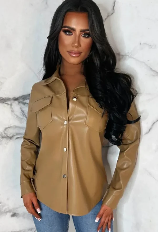 J5 FASHION Trending Now Tan Faux Leather Detail Shirt<Women Tops