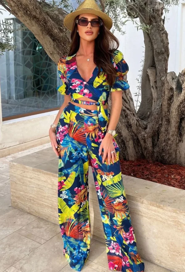 FP u0026 CO Tropic Tease Blue Tropical Print Wide Leg Co-Ord Set<Women Suits & Sets