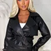 CHERRY KOKO Try To Resist Me Black Faux Leather Cropped Trench Jacket<Women Coats And Jackets