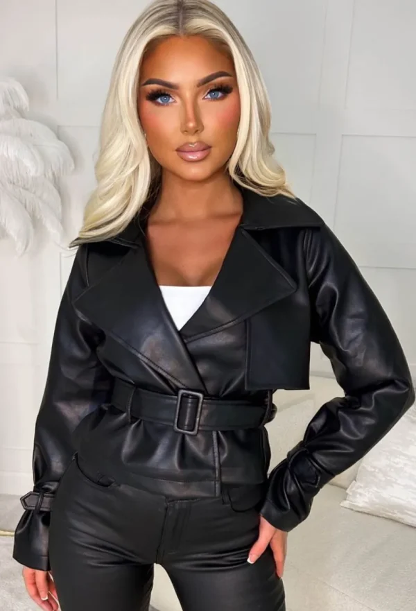 CHERRY KOKO Try To Resist Me Black Faux Leather Cropped Trench Jacket<Women Coats And Jackets