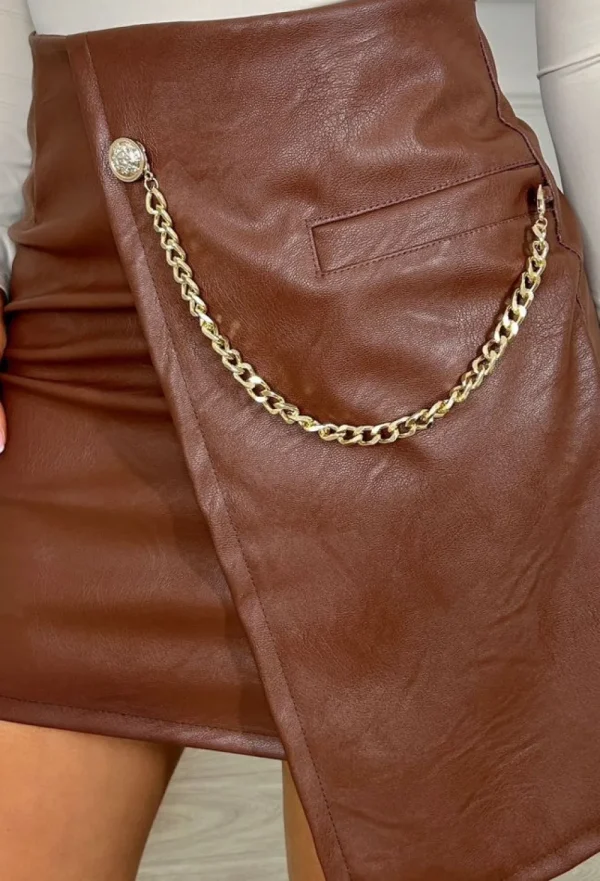 CATWALK FASHION Ultimate Daydream Brown Faux Leather Chain Detail Skirt<Women Skirts