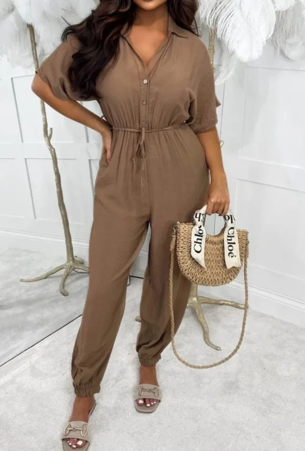 COPPEROSE Urban Attire Brown Button Front Hareem Belted Jumpsuit<Women Jumpsuits