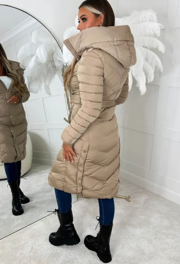 BE YOU Urban Chic Beige Chevron Belted Hooded Fleece Lined Padded Coat<Women Coats And Jackets