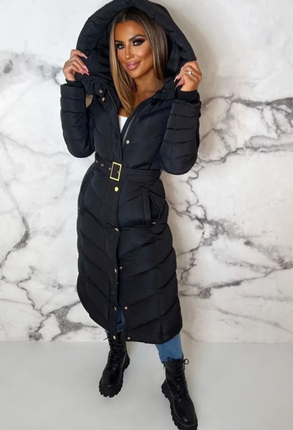 BE YOU Urban Chic Black Chevron Belted Hooded Fleece Lined Padded Coat<Women Coats And Jackets