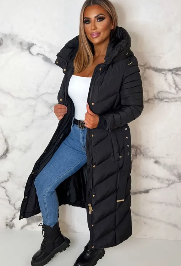 BE YOU Urban Chic Black Chevron Belted Hooded Fleece Lined Padded Coat<Women Coats And Jackets