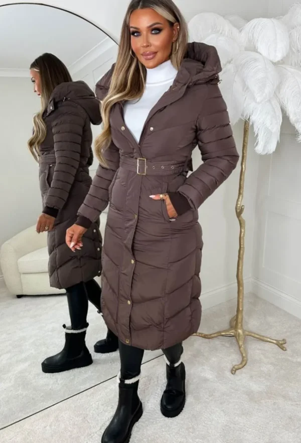 BE YOU Urban Chic Brown Chevron Belted Hooded Fleece Lined Padded Coat<Women Coats And Jackets