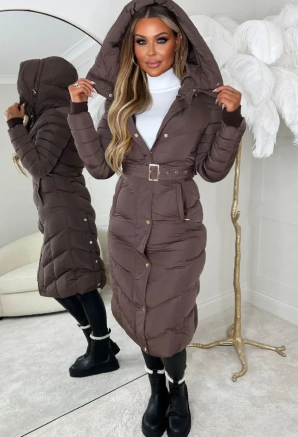 BE YOU Urban Chic Brown Chevron Belted Hooded Fleece Lined Padded Coat<Women Coats And Jackets