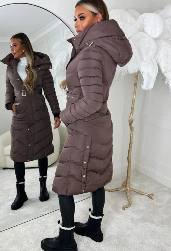 BE YOU Urban Chic Brown Chevron Belted Hooded Fleece Lined Padded Coat<Women Coats And Jackets