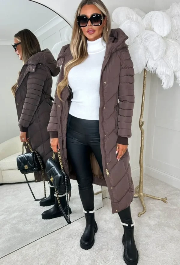 BE YOU Urban Chic Brown Chevron Belted Hooded Fleece Lined Padded Coat<Women Coats And Jackets