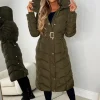 BE YOU Urban Chic Khaki Chevron Belted Hooded Fleece Lined Padded Coat<Women Coats And Jackets