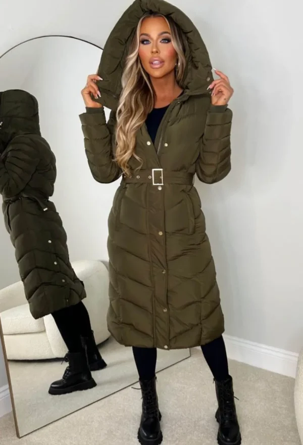 BE YOU Urban Chic Khaki Chevron Belted Hooded Fleece Lined Padded Coat<Women Coats And Jackets