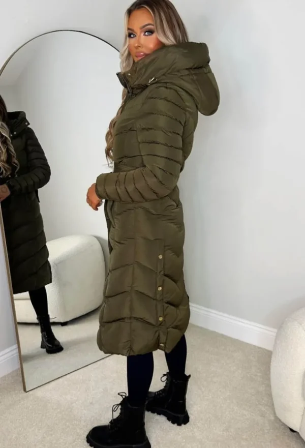 BE YOU Urban Chic Khaki Chevron Belted Hooded Fleece Lined Padded Coat<Women Coats And Jackets