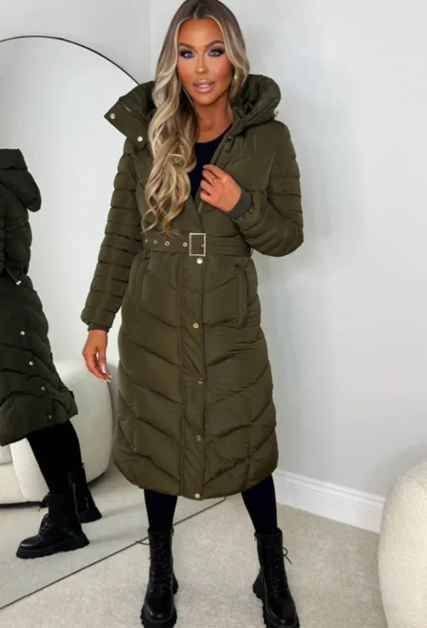 BE YOU Urban Chic Khaki Chevron Belted Hooded Fleece Lined Padded Coat<Women Coats And Jackets